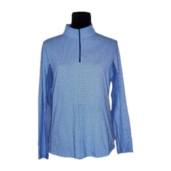 Ibkul Blue Mini Check Gingham Long Sleeve Mock Neck Top Size M Golf Pickleball - Picture 2 of 8